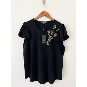 Adrianna‎ Papell Black Embellished Flutter Sleeve Blouse Top Size Large